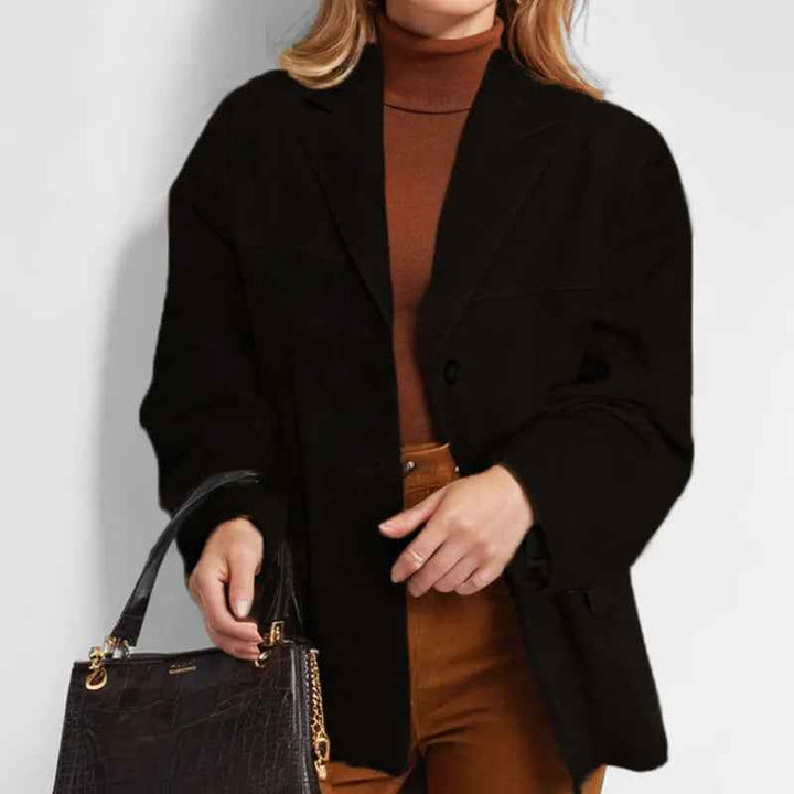 Women's Relaxed Fit Blazer Jacket | Collared Button Front Design Black