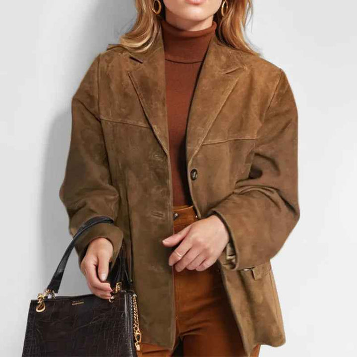 Women's Relaxed Fit Blazer Jacket | Collared Button Front Design Brown