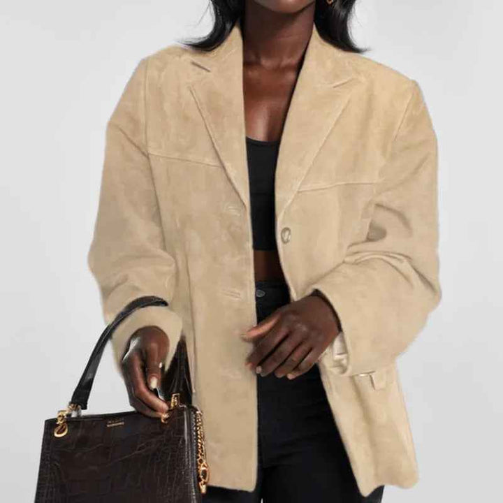 Women's Relaxed Fit Blazer Jacket | Collared Button Front Design Beige