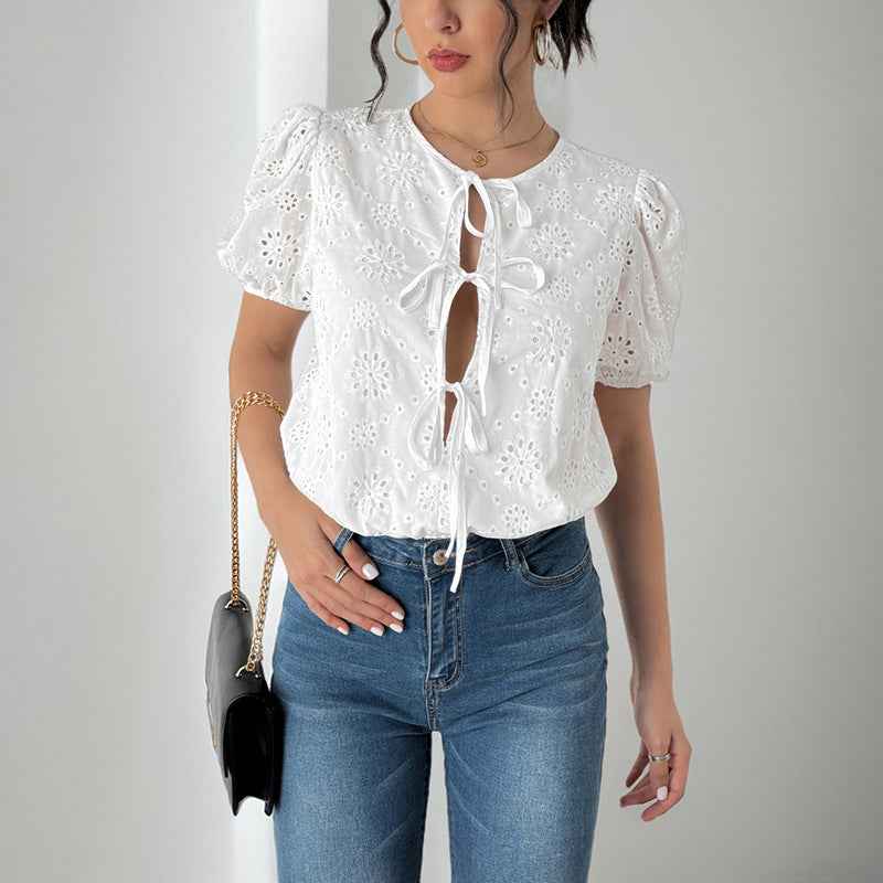 Women's Relaxed Fit Blouse – Linen Look with Lace Details and Puff Sleeves White