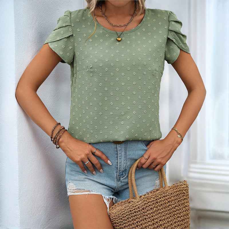 Women's Relaxed Fit Blouse with Jacquard Texture and Ruched Sleeves