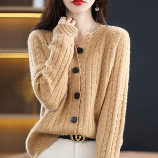 Women's Knit Relaxed Fit Button Front Crewneck Solid Khaki Cardigan Khaki