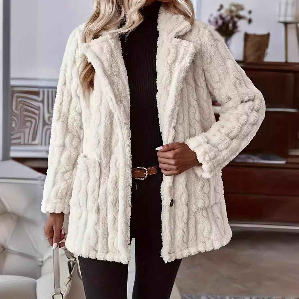 Women's Relaxed Fit Cardigan Coat – Plush Water-Wave Texture with Lapel Collar and Buttons