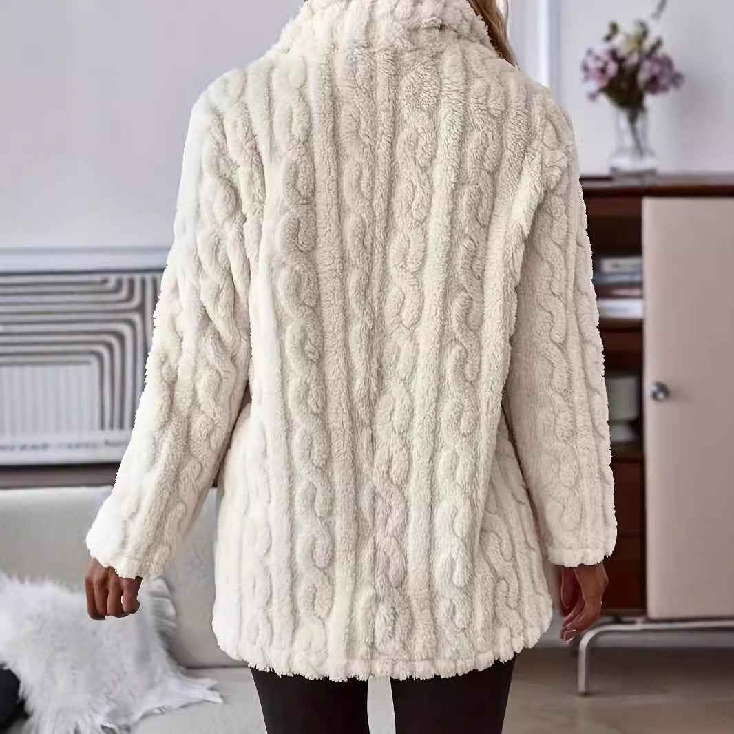 Women's Relaxed Fit Cardigan Coat – Plush Water-Wave Texture with Lapel Collar and Buttons