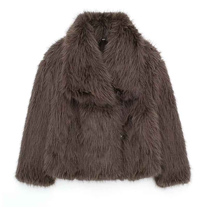 Women's Relaxed Fit Coat with Fur Trim Oversized Collar Brown