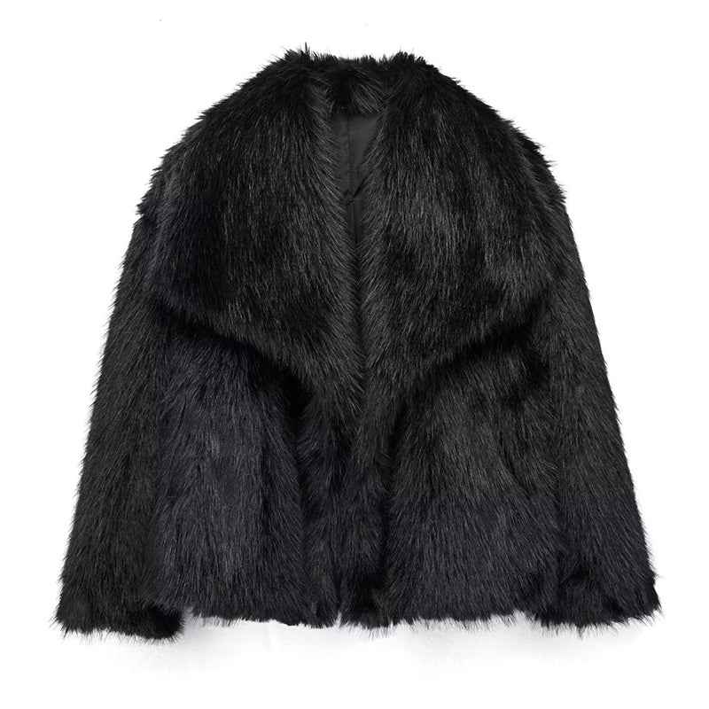 Women's Relaxed Fit Coat with Fur Trim Oversized Collar Black