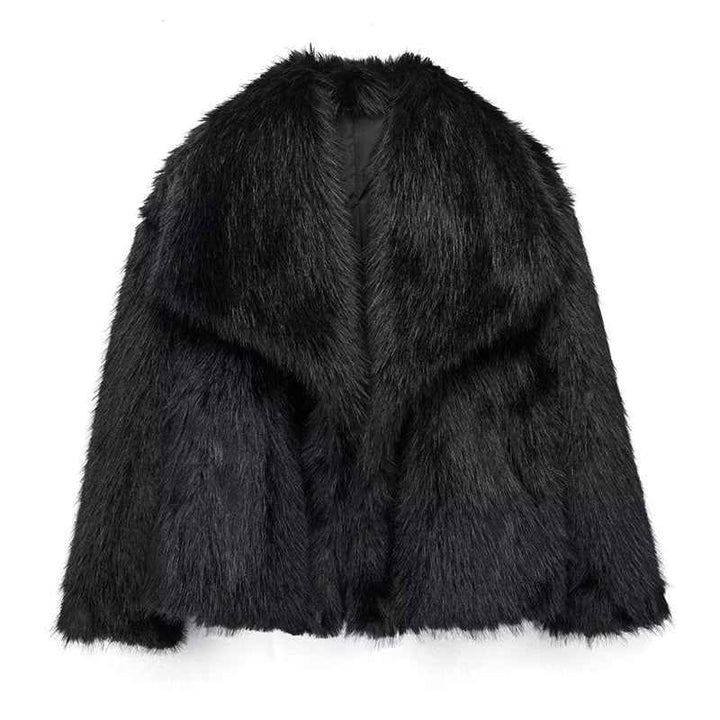 Women's Relaxed Fit Coat with Fur Trim Oversized Collar Black