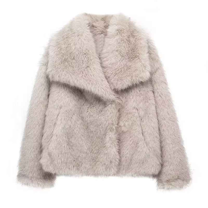 Women's Relaxed Fit Coat with Fur Trim Oversized Collar Beige