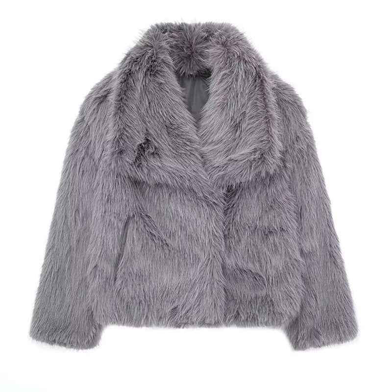 Women's Relaxed Fit Coat with Fur Trim Oversized Collar Gray
