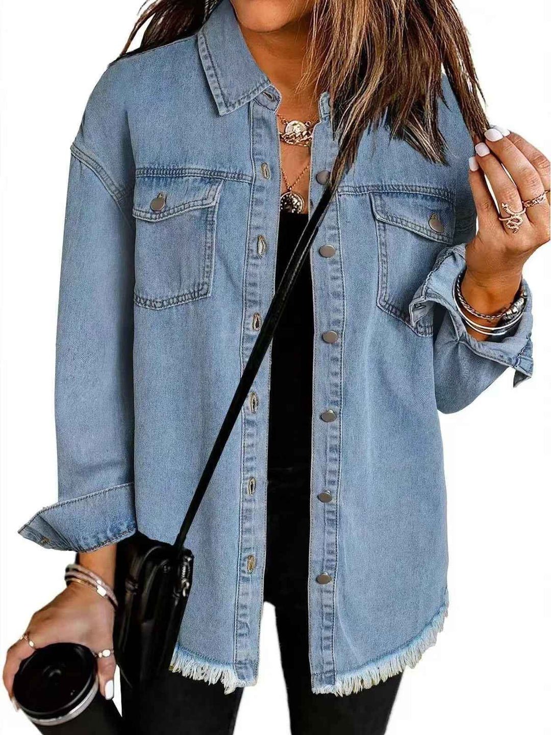 Women's Relaxed Fit Denim Jacket with Button Fastening and Frayed Hem - Casual Style Blue
