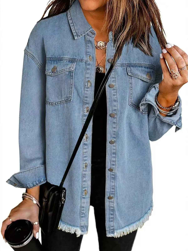 Women's Relaxed Fit Denim Jacket with Button Fastening and Frayed Hem - Casual Style Blue