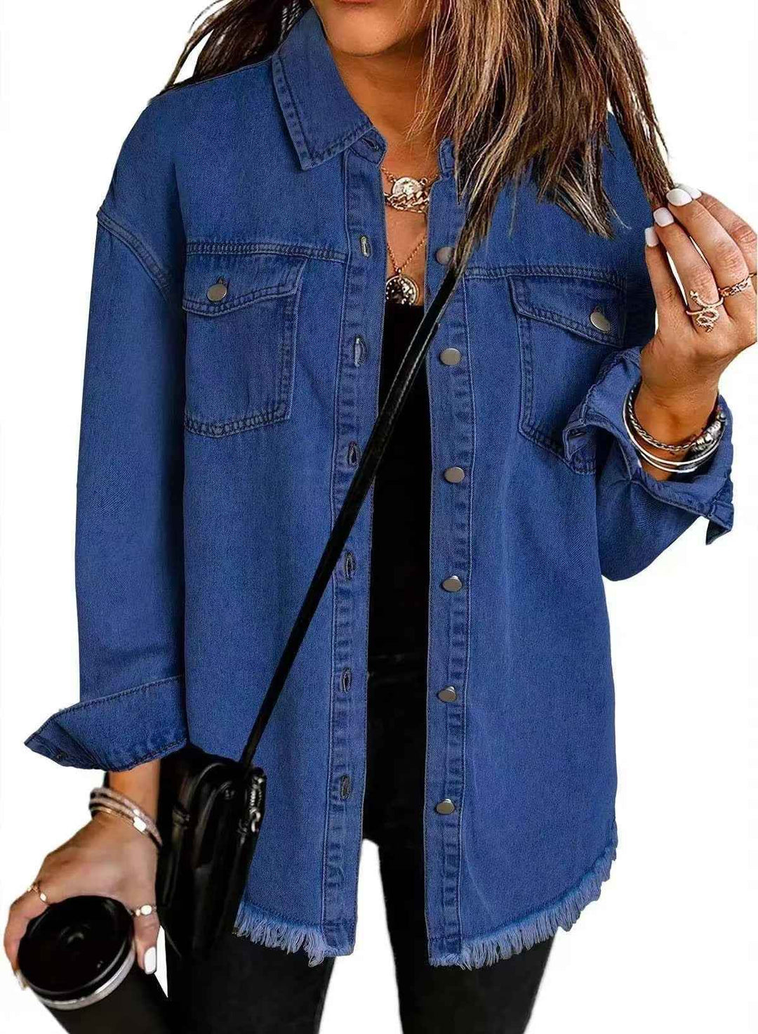 Women's Relaxed Fit Denim Jacket with Button Fastening and Frayed Hem - Casual Style Dark Blue