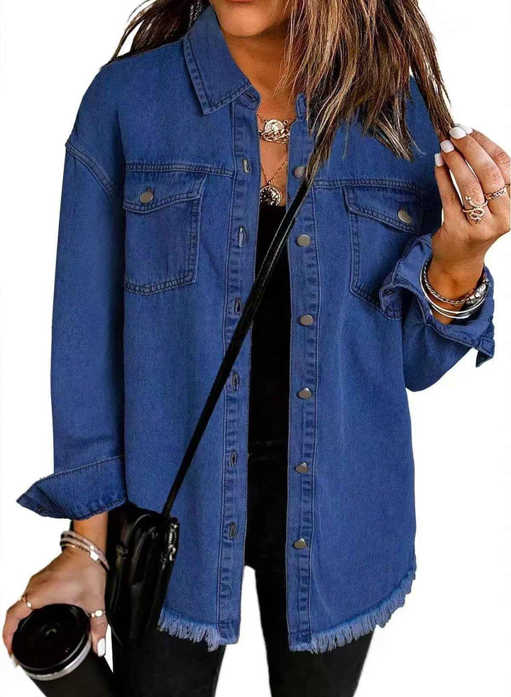 Women's Relaxed Fit Denim Jacket with Button Fastening and Frayed Hem - Casual Style Dark Blue