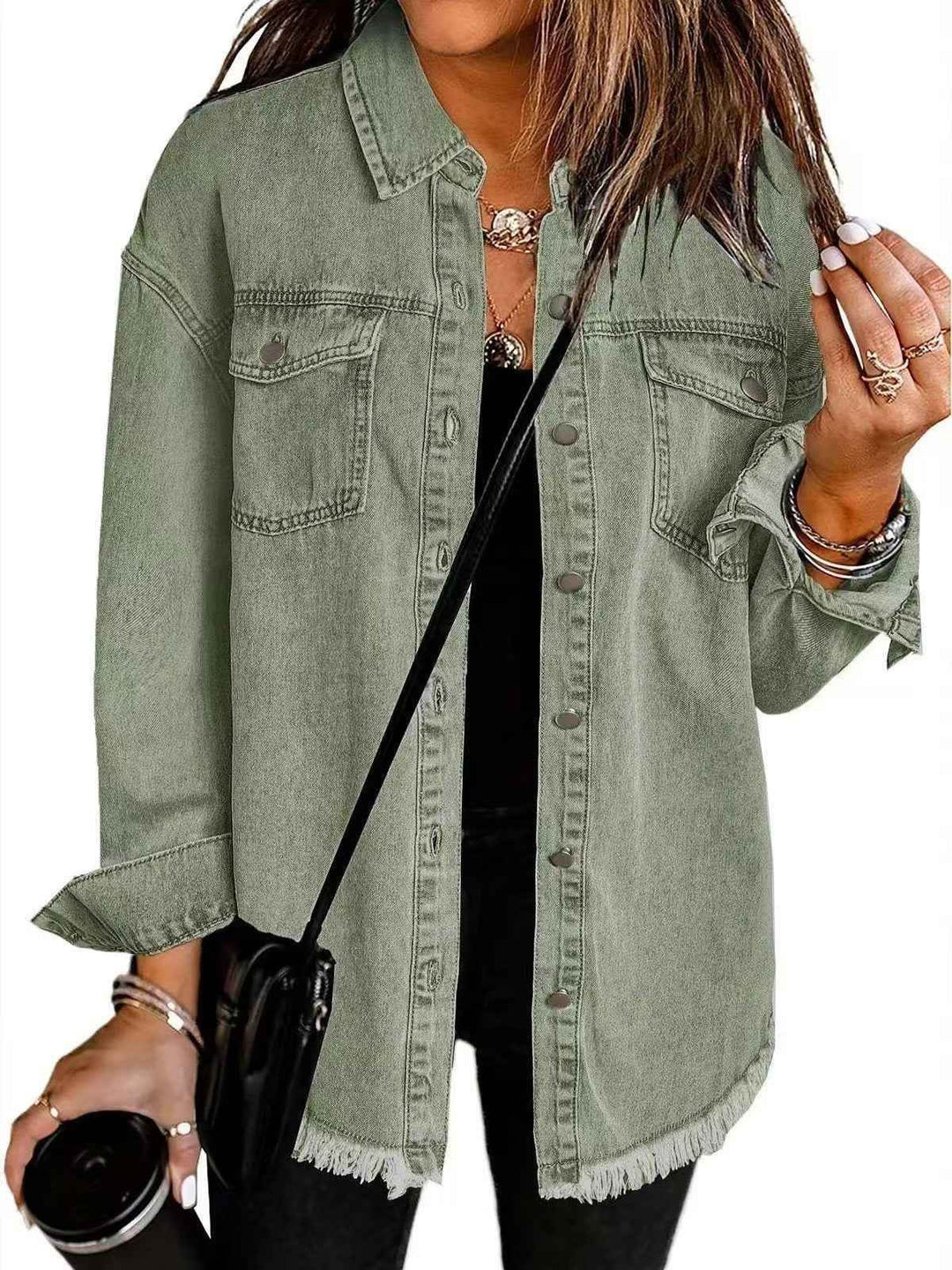 Women's Relaxed Fit Denim Jacket with Button Fastening and Frayed Hem - Casual Style Green