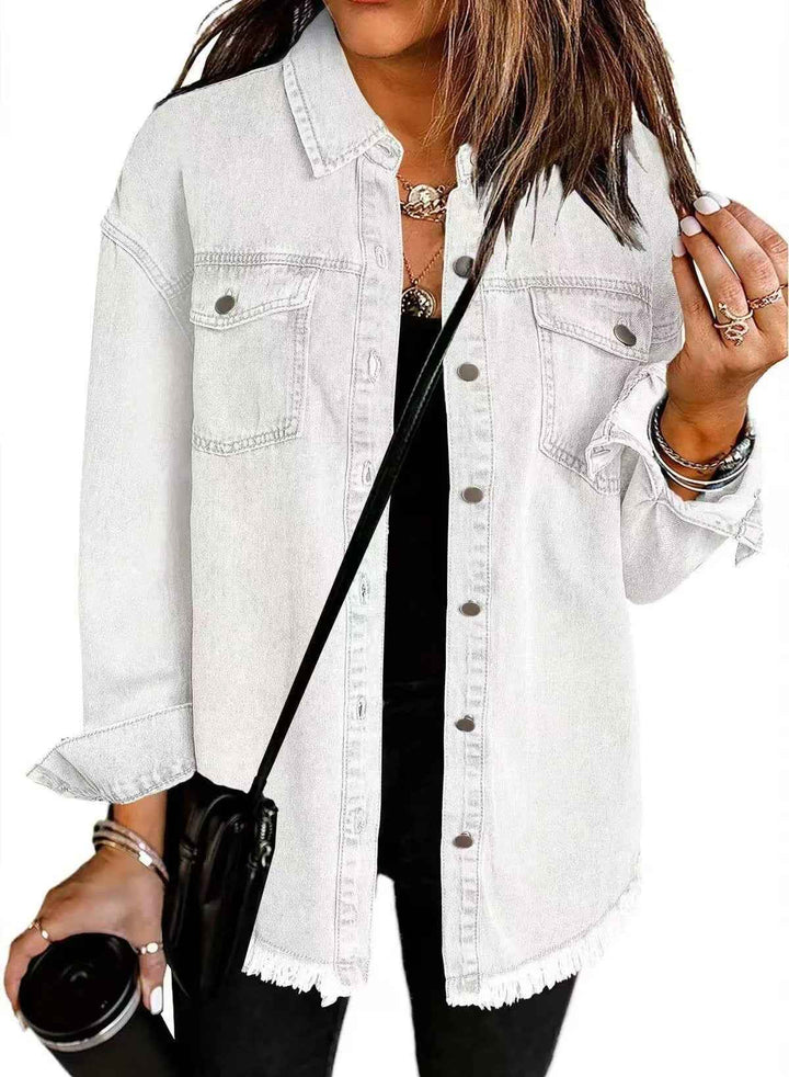 Women's Relaxed Fit Denim Jacket with Button Fastening and Frayed Hem - Casual Style White