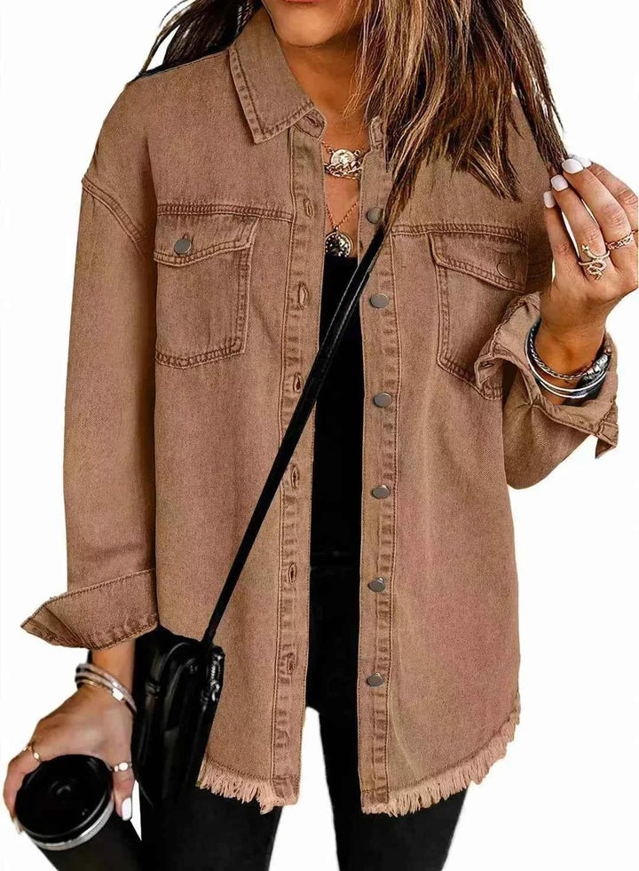 Women's Relaxed Fit Denim Jacket with Button Fastening and Frayed Hem - Casual Style Brown