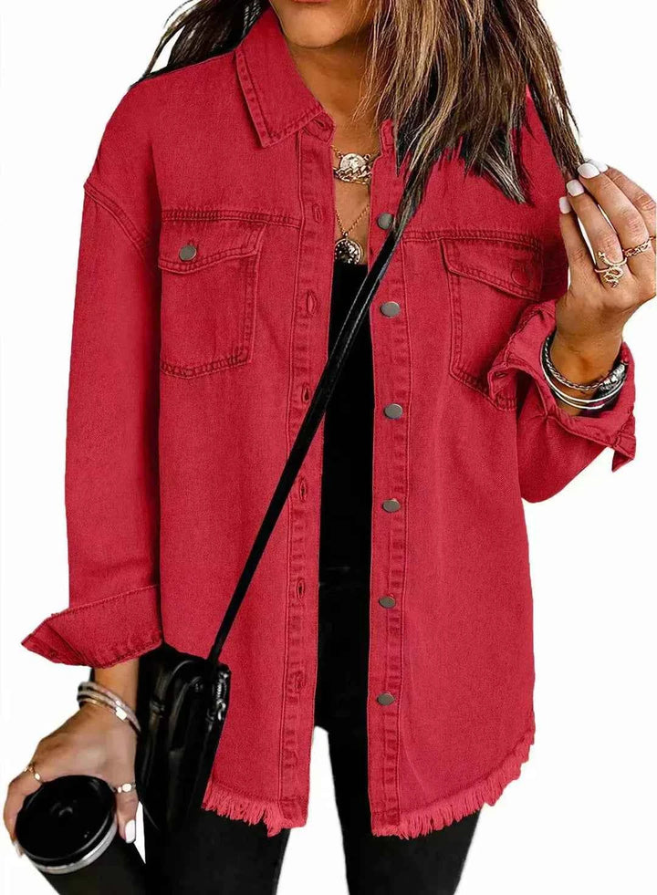 Women's Relaxed Fit Denim Jacket with Button Fastening and Frayed Hem - Casual Style Red