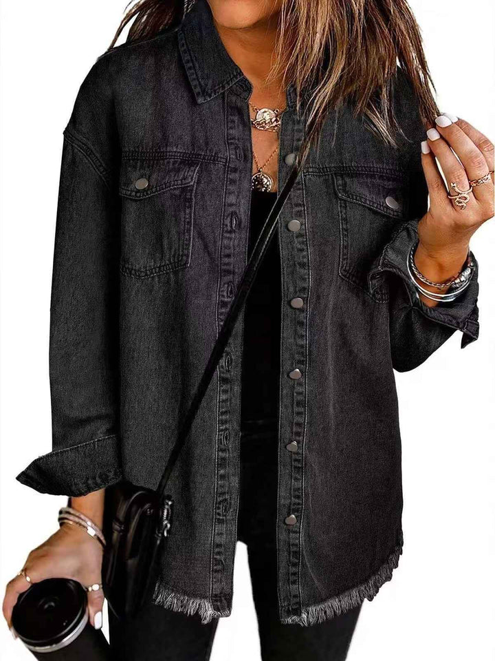 Women's Relaxed Fit Denim Jacket with Button Fastening and Frayed Hem - Casual Style Black