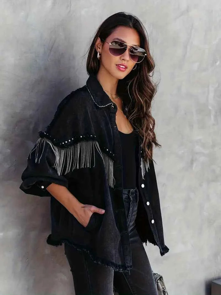 Women's Relaxed Fit Denim Jacket with Fringe & Studs – Western Style