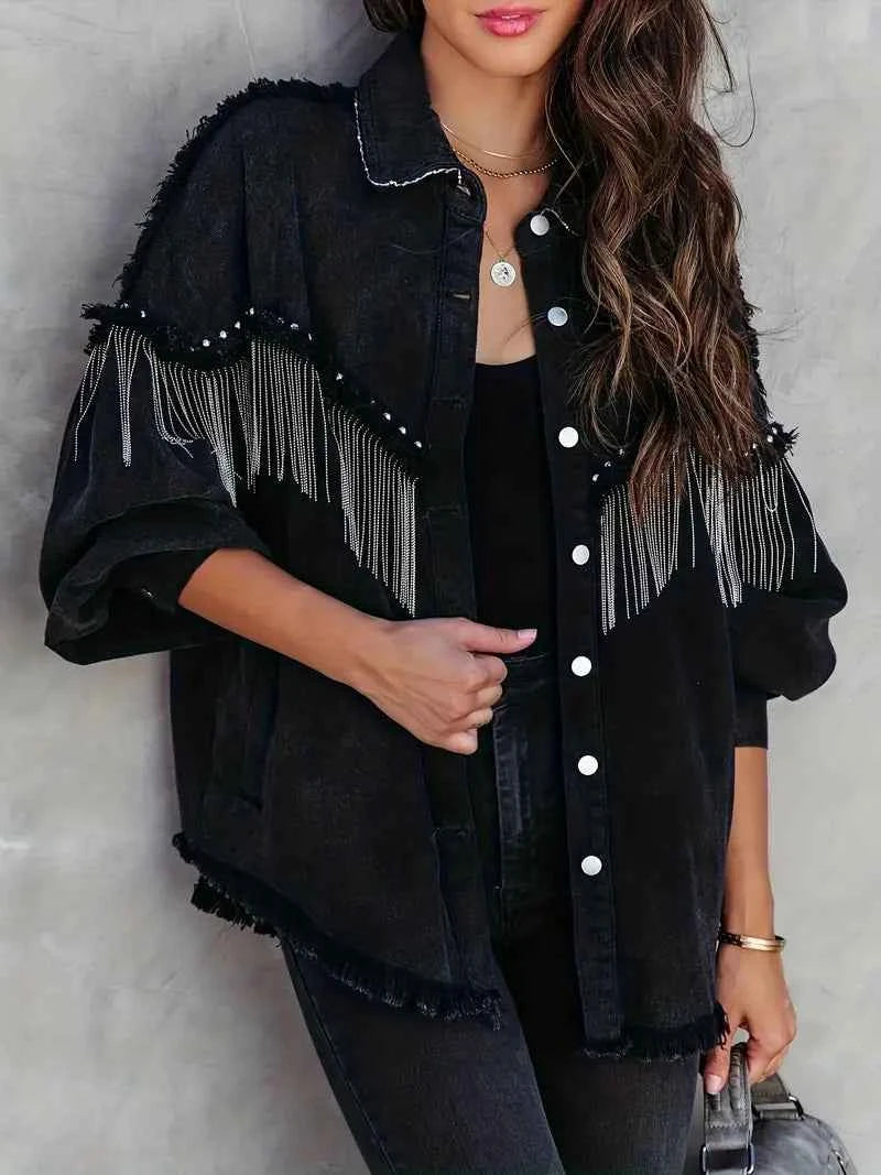 Women's Relaxed Fit Denim Jacket with Fringe & Studs – Western Style Black