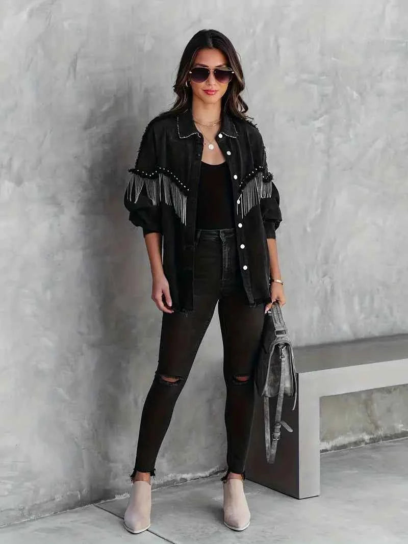 Women's Relaxed Fit Denim Jacket with Fringe & Studs – Western Style