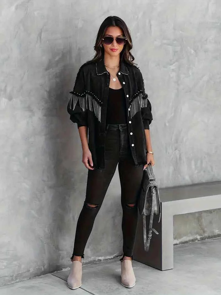 Women's Relaxed Fit Denim Jacket with Fringe & Studs – Western Style