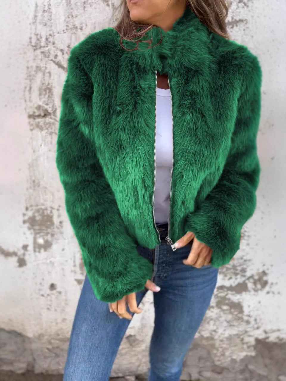Women's Relaxed Fit Faux Fur Coat with High Collar and Zip Closure Green