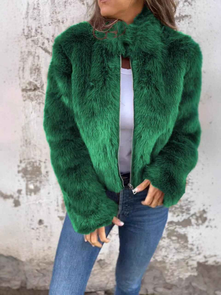 Women's Relaxed Fit Faux Fur Coat with High Collar and Zip Closure Green