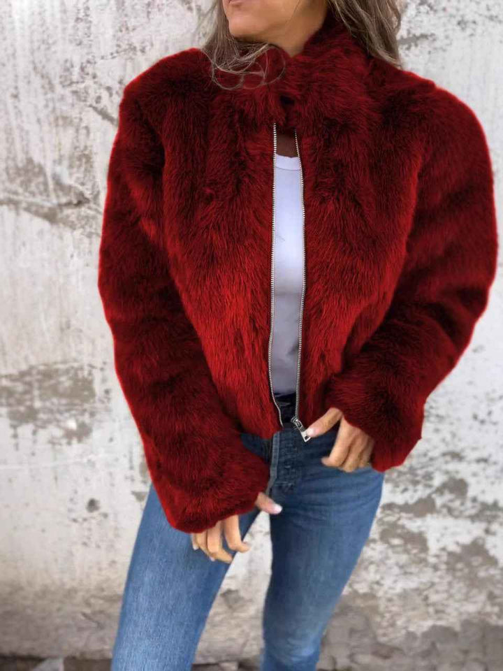 Women's Relaxed Fit Faux Fur Coat with High Collar and Zip Closure Red