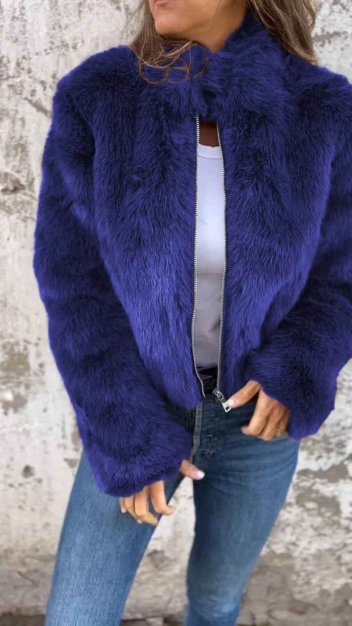 Women's Relaxed Fit Faux Fur Coat with High Collar and Zip Closure Blue