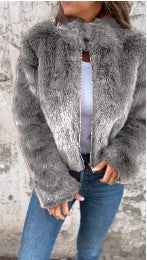 Women's Relaxed Fit Faux Fur Coat with High Collar and Zip Closure Grey