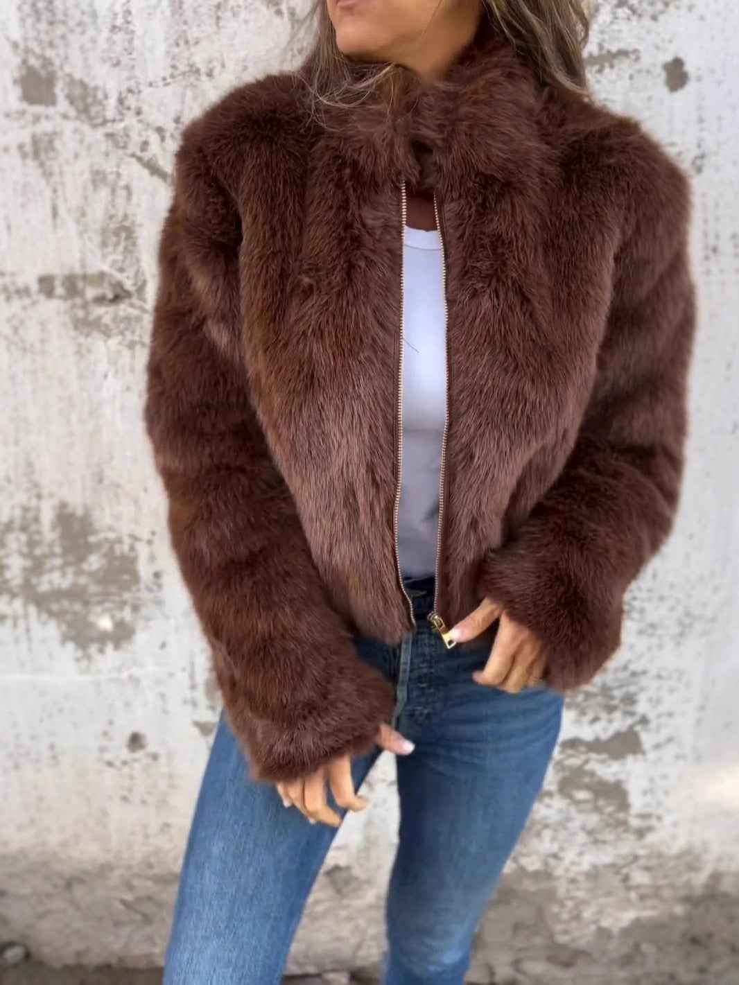 Women's Relaxed Fit Faux Fur Coat with High Collar and Zip Closure Brown