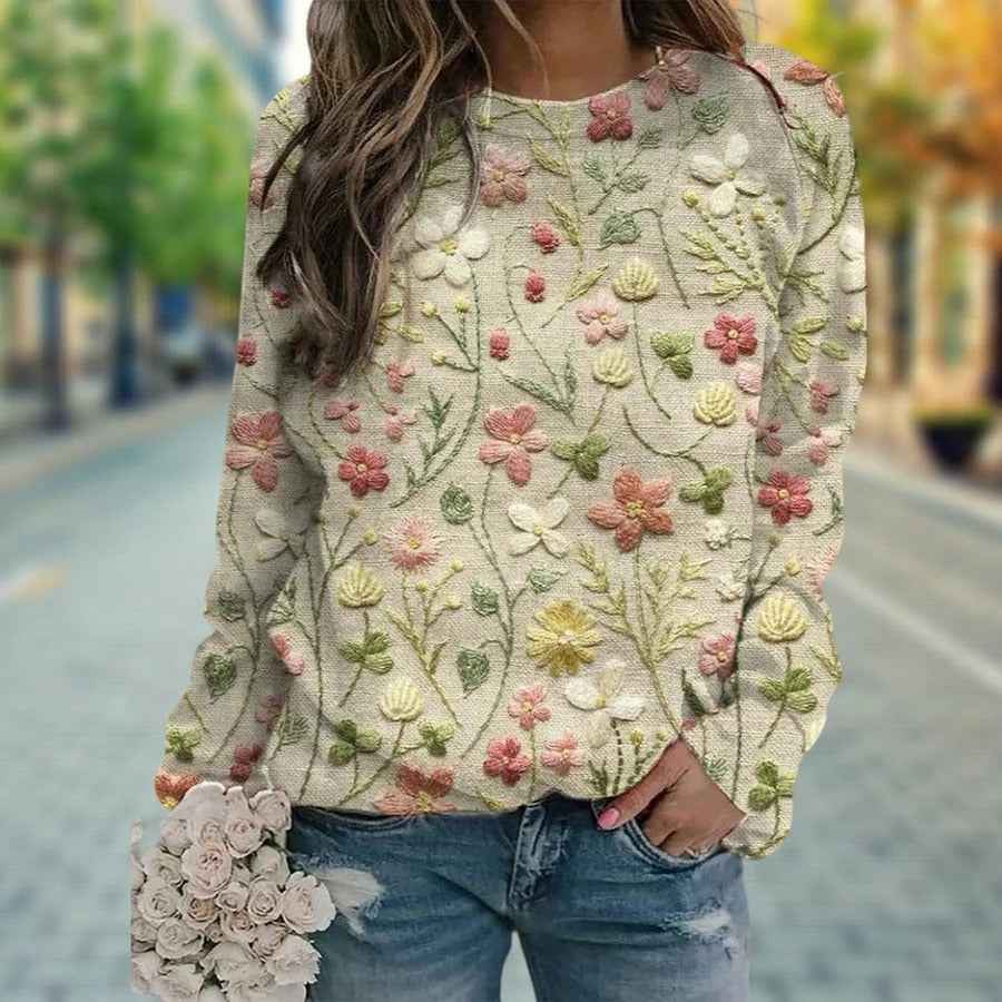 Women's Relaxed Fit Floral Embroidered Sweater – Long Sleeves – Knitted Fabric Beige
