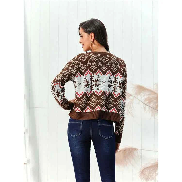 Women's Relaxed Fit Geometric Pattern Knitted Sweater – Wool Blend with Ribbed Edges
