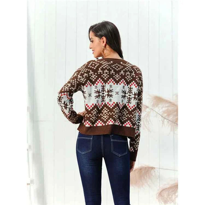 Women's Relaxed Fit Geometric Pattern Knitted Sweater – Wool Blend with Ribbed Edges