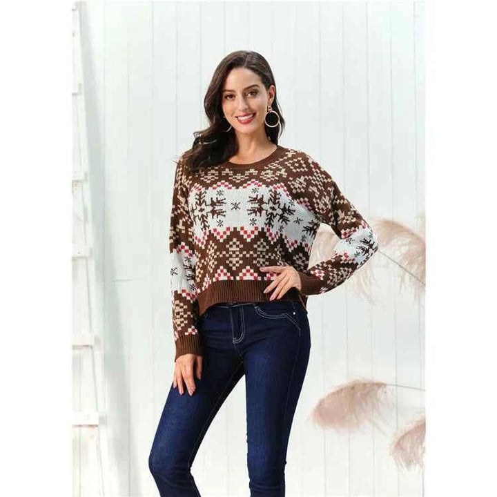 Women's Relaxed Fit Geometric Pattern Knitted Sweater – Wool Blend with Ribbed Edges Brown