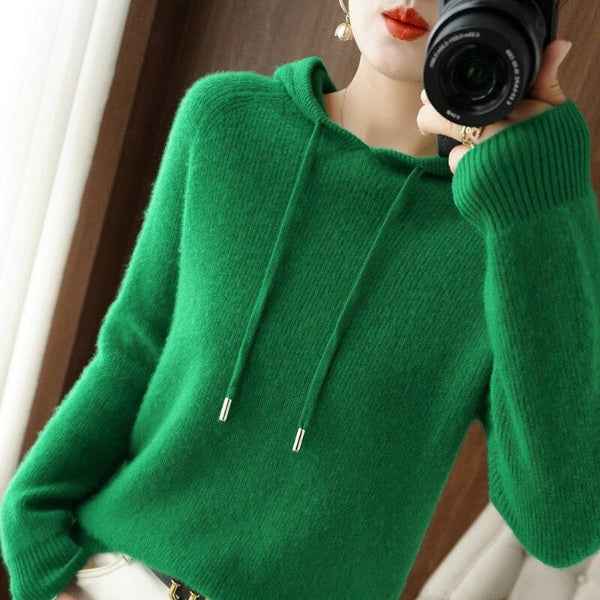 Women's Relaxed Fit Hooded Pullover – Wool Blend with Ribbed Cuffs and Long Sleeves Green