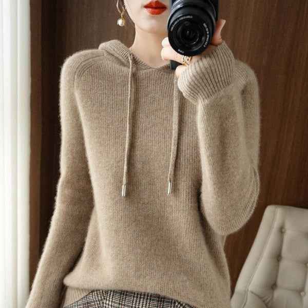 Women's Relaxed Fit Hooded Pullover – Wool Blend with Ribbed Cuffs and Long Sleeves Beige