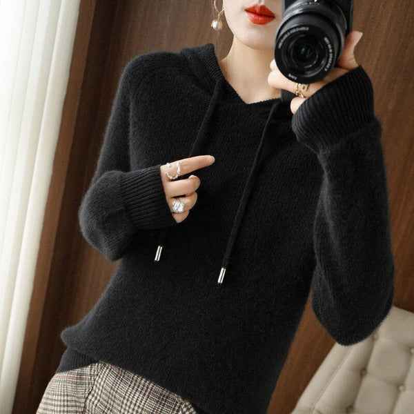 Women's Relaxed Fit Hooded Pullover – Wool Blend with Ribbed Cuffs and Long Sleeves Black