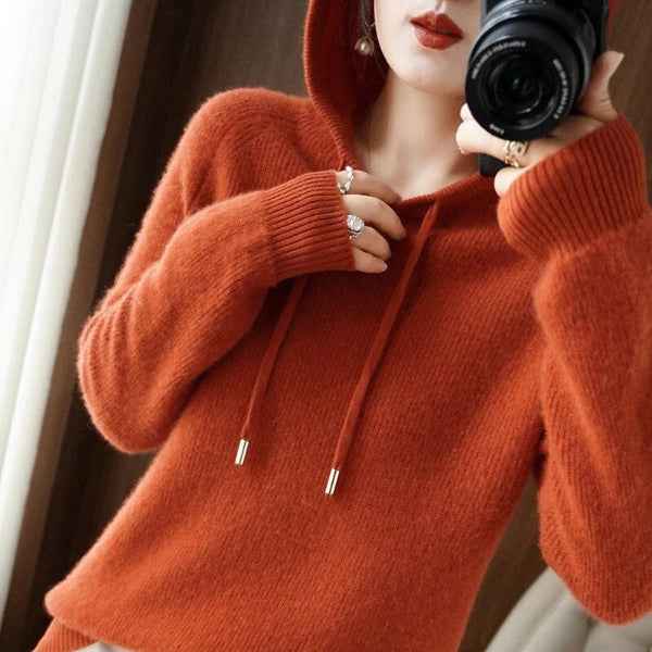 Women's Relaxed Fit Hooded Pullover – Wool Blend with Ribbed Cuffs and Long Sleeves Orange