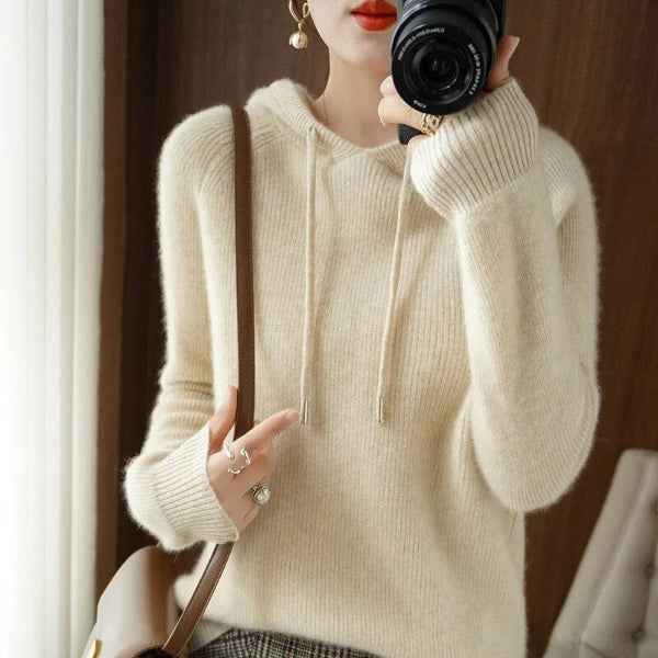 Women's Relaxed Fit Hooded Pullover – Wool Blend with Ribbed Cuffs and Long Sleeves Off-White
