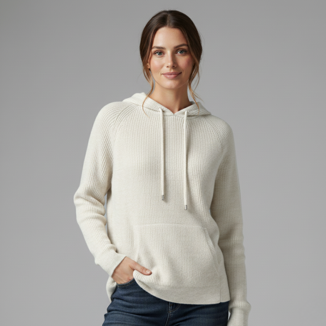 Women's Relaxed Fit Hooded Sweater | Ribbed Drawstring Hip-Length Design White