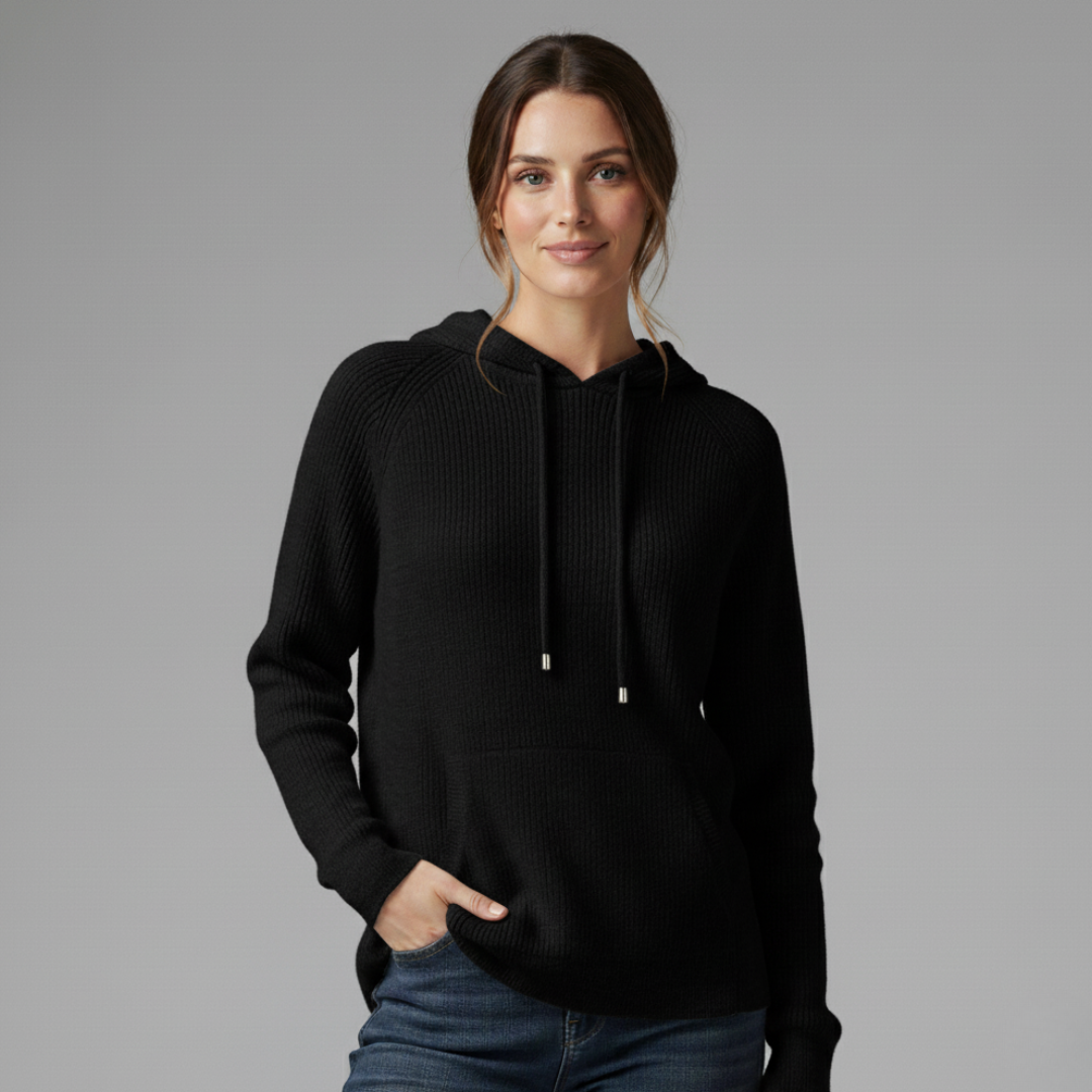 Women's Relaxed Fit Hooded Sweater | Ribbed Drawstring Hip-Length Design Black
