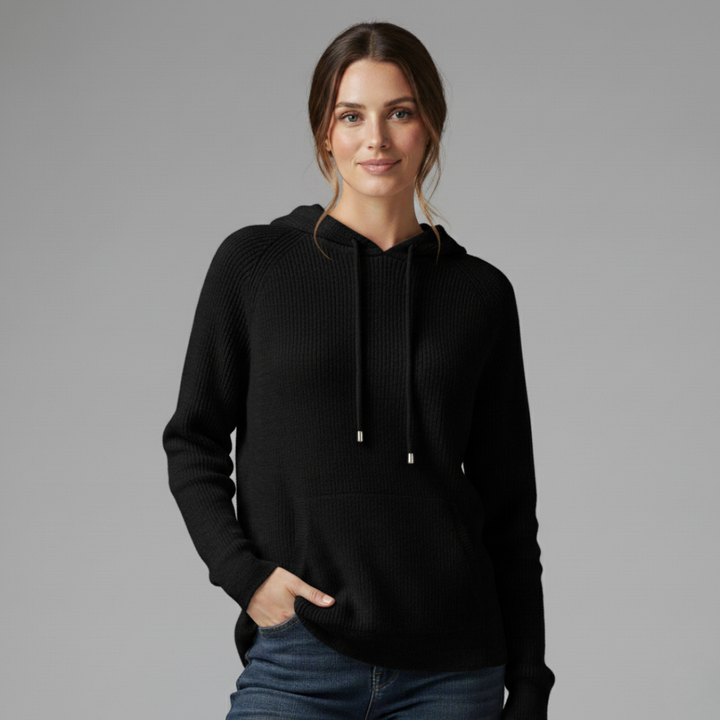 Women's Relaxed Fit Hooded Sweater | Ribbed Drawstring Hip-Length Design Black