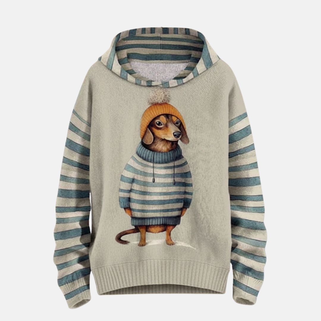 Women's Relaxed Fit Hoodie – Fleece Feel with Cartoon Dog Print & Striped Sleeves Blue