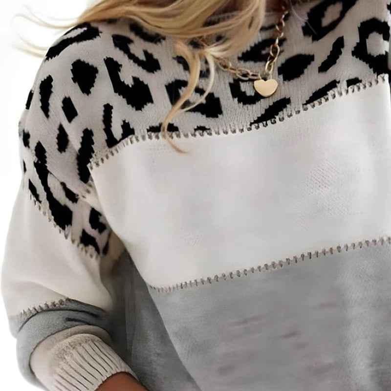 Women's Relaxed Fit Knitted Sweater - Leopard Print & Color-Block Design - Round Neck