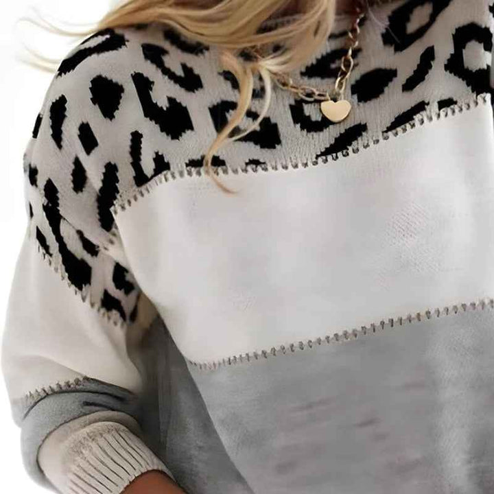 Women's Relaxed Fit Knitted Sweater - Leopard Print & Color-Block Design - Round Neck