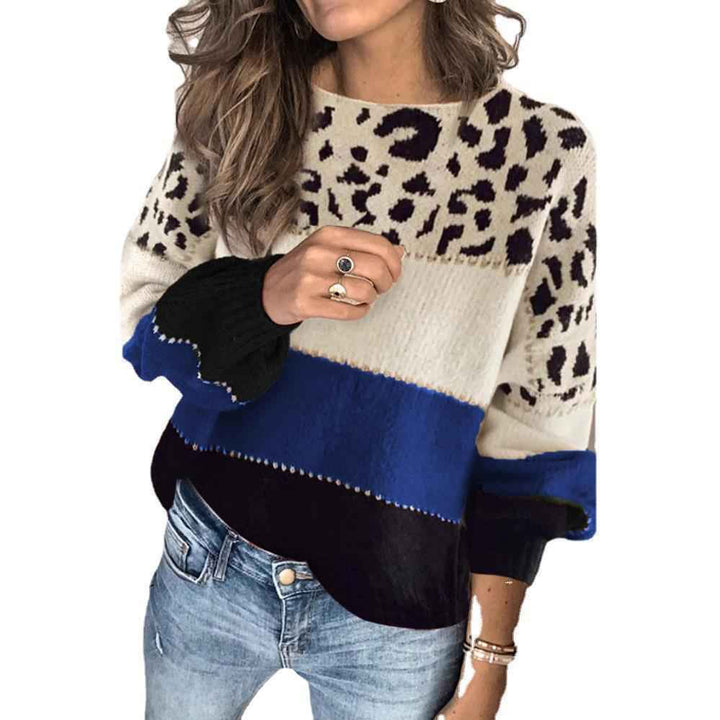 Women's Relaxed Fit Knitted Sweater – Wool Blend – Animal Print – Long Sleeves Blue