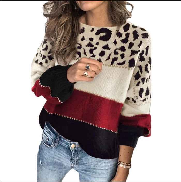 Women's Relaxed Fit Knitted Sweater – Wool Blend – Animal Print – Long Sleeves Red