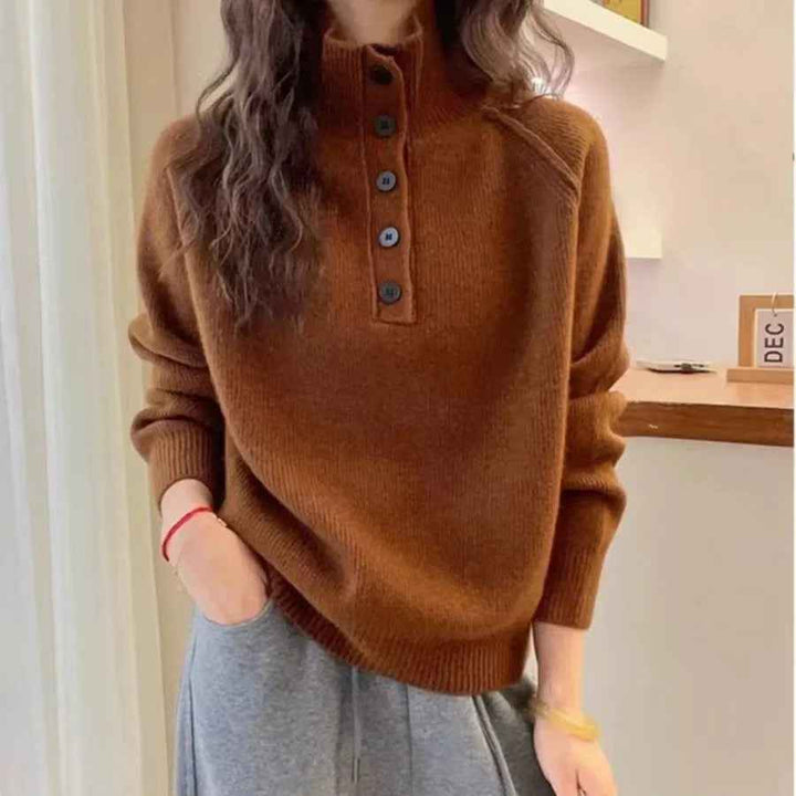 Women's Relaxed Fit Knitted Sweater – Wool Blend – Stand-Up Collar with Button Detail Brown One Size